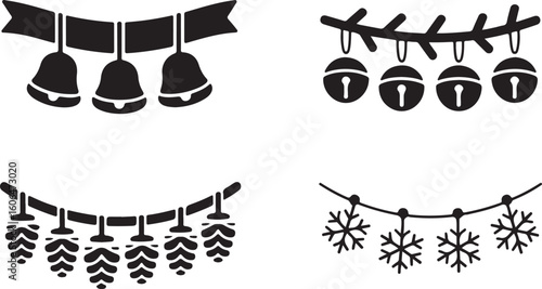 Festive Hanging Decorations – Four Black Silhouette Strings Featuring Bells, Stars, and Snowflakes for Cheerful Holiday and Winter Designs