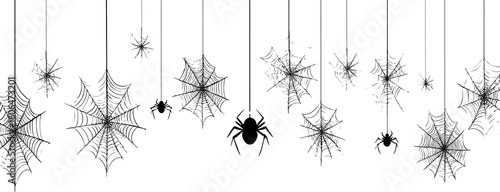Spooky spider silhouette hanging on thread for abstract horror design