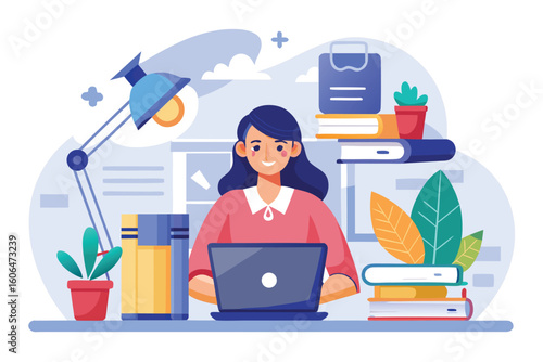 Online education concept featuring a woman studying with a laptop in a cozy workspace with books, plants, and warm lighting