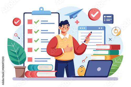 Engaging in an online exam while selecting answers on a questionnaire form with a laptop, books, and checklist in a study environment
