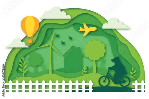 Eco-friendly landscape with bear riding bicycle, wind turbines, trees, and hot air balloon in layered paper cut style
