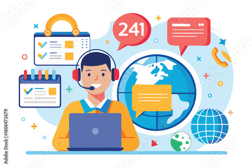 Customer service representative assisting clients with online calls and chats at flexible hours for support and information access globally