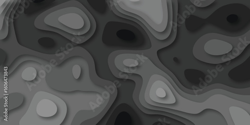 Abstract topographic contour map in shades of gray illustrating depth and layered dimensions for modern designs