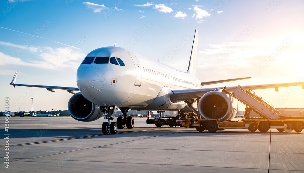 Commercial Airplane Ready for Departure on Airport Runway at Sunny Day Commercial Airplane Ready for Departure on Airport Runway at Sunny Day