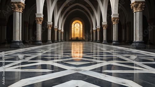 Hallway with marble floor and pillars. AI.