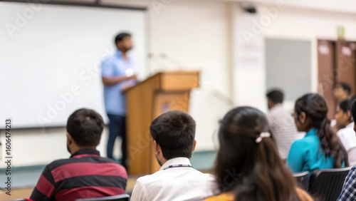 Indian College Team Speaking at Podium with Blurred Audience View
