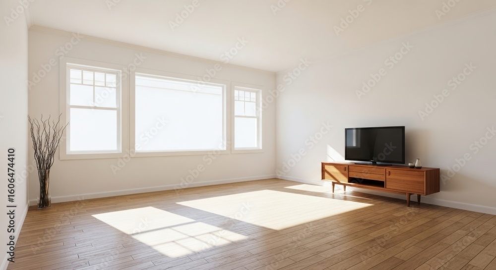 A modern living room with a wooden tv stand and large windows letting in sunlight A modern living room with a wooden tv stand and large windows letting in sunlight