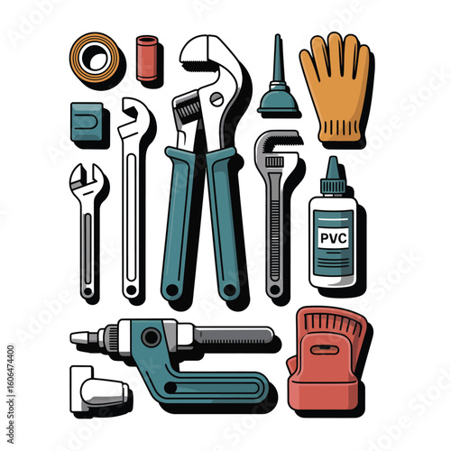 Black and white vector bundle of essential bathroom DIY tools including pipe cutter, spanner, and sealant gun