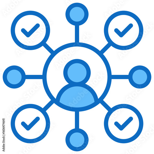 Task Network Blue Fill Outline Icon Vector Design - A central figure connected to multiple checkmarks, showing completed assignments or task coordination