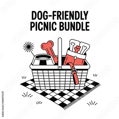 Black and white vector illustration of a dog-friendly picnic bundle with basket, pet bowl, chew toy, leash, and treats