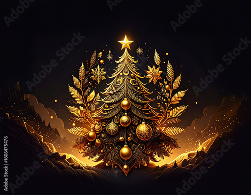 Golden Christmas tree illustration on dark background with many decorative branches, decorations, stars.