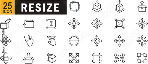 Resize editable outline icon set. Arrows, transform, scale, drag, zoom, motion and more.
