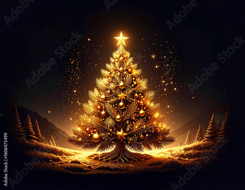 Golden Christmas tree illustration on dark background with many decorative branches, decorations, stars.