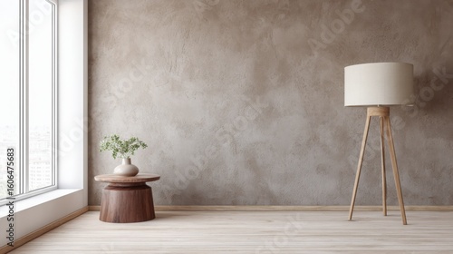 earthy minimalist room, clay textured wall, plaster surface, soft brown and beige tones, natural light