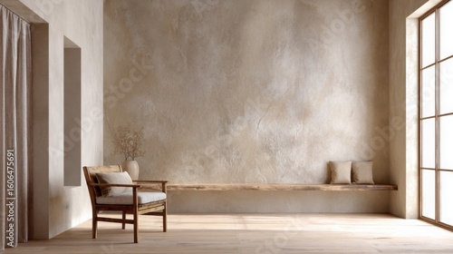 Fototapeta Naklejka Na Ścianę i Meble -  earthy minimalist room, clay textured wall, plaster surface, soft brown and beige tones, natural light, rustic feel 