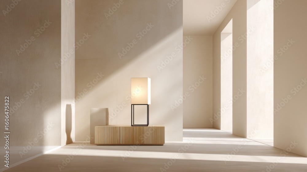 Fototapeta premium minimalist evening room, soft lamp light, neutral colors, shadows on walls, warm and tranquil ambiance
