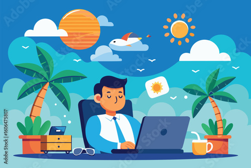 Office manager dreaming of a serene vacation at the sea while working in a vibrant, tropical setting with palm trees and sun