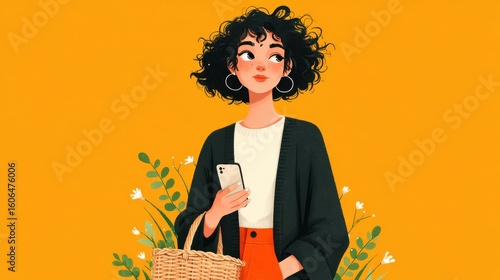 Business casual woman holding phone, basket icon appears beside 