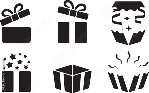 Gift Box Silhouettes – Festive Black Icons of Present Boxes with Ribbons, Stars, Sparkles, and Magical Steam for Holiday and Celebration Themes