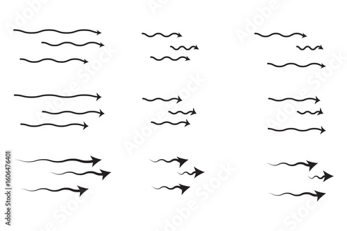 Air flow. Set of blue arrows showing direction of air movement. Wind direction arrows. Blue cold fresh stream from the conditioner.