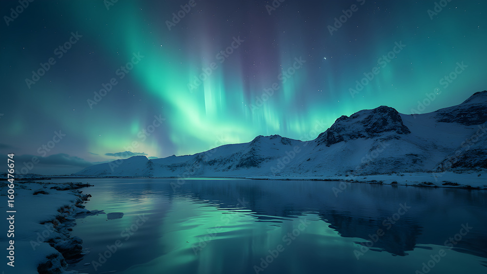 Fototapeta premium Aurora Borealis stunning visuals. Northern Lights reflected on water. Realistic data streaming animations. Breathtaking ocean wave light displays.