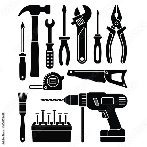 Essential household DIY and repair tools bundle with hammer, screwdriver, wrench, and more black and white vector illustration