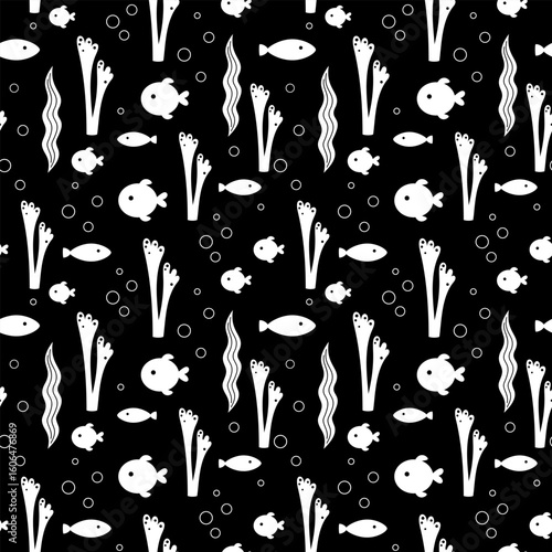 Ocean seamless pattern with fish and seaweeds in black and white silhouette style. Cute sea vector background