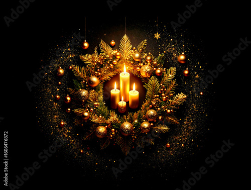 Golden Christmas Advent Wreath decoration on dark  background with many decorative branches, decorations, stars and four candles.