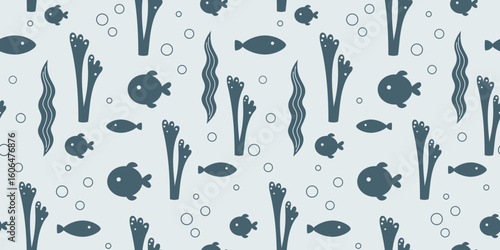 Ocean seamless pattern with fish and seaweeds in silhouette style. Cute sea vector background
