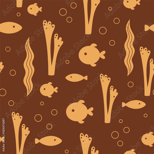 Ocean seamless pattern with fish and seaweeds in silhouette style. Cute sea vector background