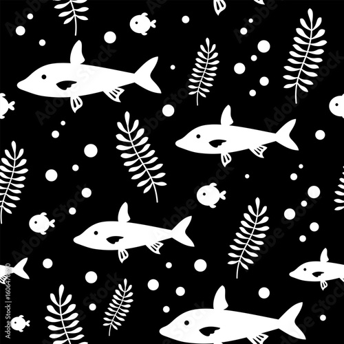 Ocean seamless pattern with fish and seaweeds in black and white silhouette style. Cute sea vector background