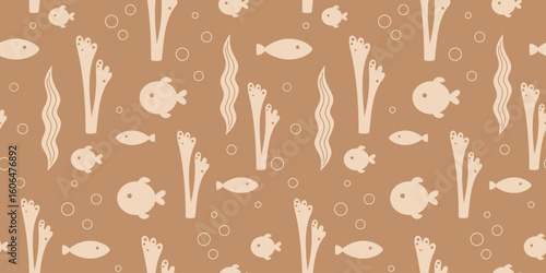 Ocean seamless pattern with fish and seaweeds in silhouette style. Cute sea vector background