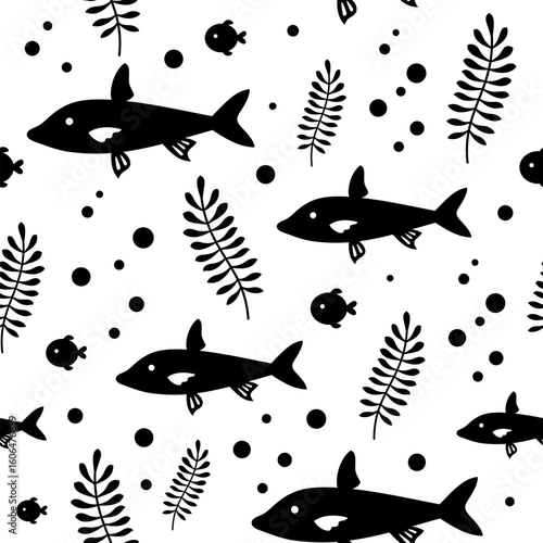 Ocean seamless pattern with fish and seaweeds in black and white silhouette style. Cute sea vector background