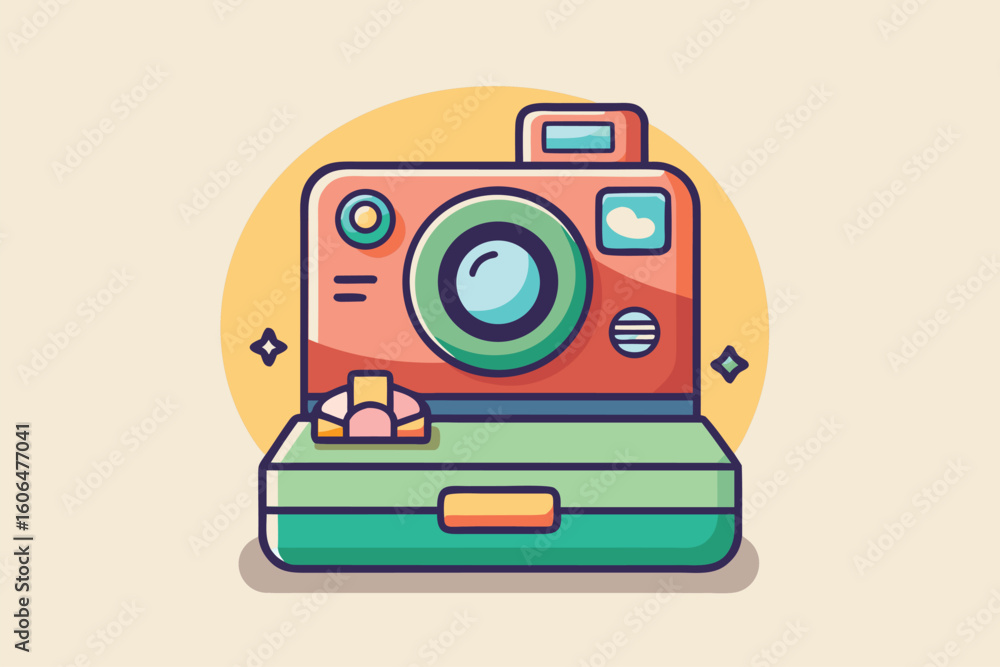 Fototapeta premium Stylish modern instant camera design featuring vibrant colors and a printed travel photograph ready for sharing cherished memories
