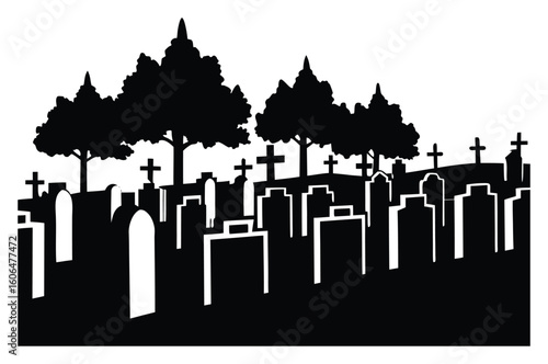Black and White Graveyard Scene with Tombstones Crosses and Trees Silhouette against White Background