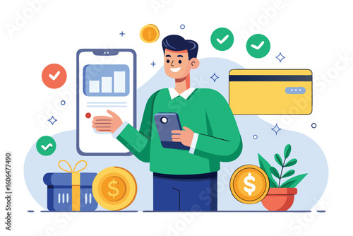 Mobile banking convenience demonstrated by a man using a smartphone for online payment in a vibrant digital setting with financial symbols