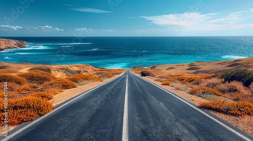 Straight road leads to a turquoise sea with white waves, blue sky, and dry landscape