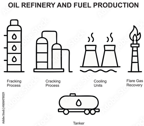 Clean Outline Icon Set of Oil Refinery and Fuel Production Processes – Black and White Vector