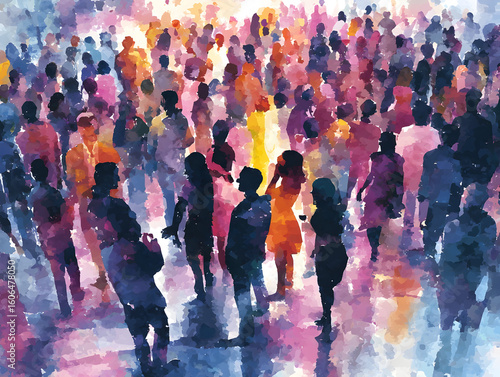 Crowd of silhouettes gathered in vibrant colors at a lively outdoor festival during sunset in a city park