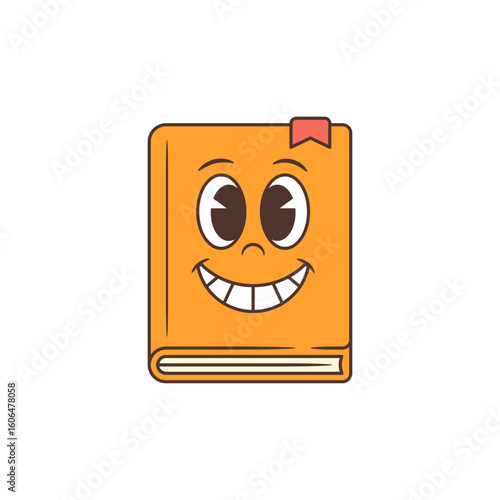 Bright orange schoolbook mascot with joyful expression, large expressive eyes, and pink bookmark detail. Ideal for educational materials, kids learning projects, school branding, and children books