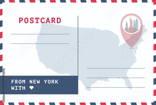 From New York USA postal card template. Vector postcard illustration with stamp, landmark, message, american map. Simple flat greetings image layout