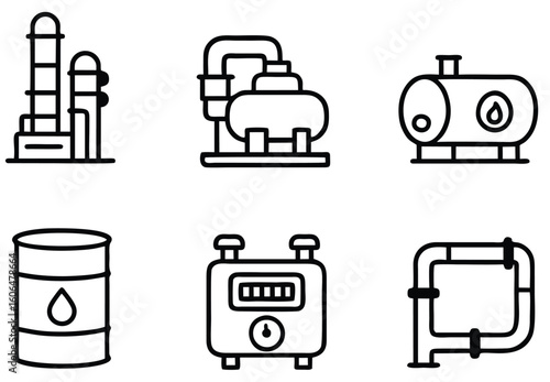 Flat Outline Vector Icons of Refinery Infrastructure – Oil, Gas, and Petrochemical Equipment Set