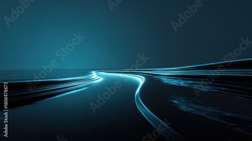 Abstract teal light trails curving path