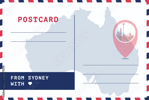From Sydney, Australia postal card template. Vector postcard illustration with landmark, Australian map, message place. Simple flat greetings image layout