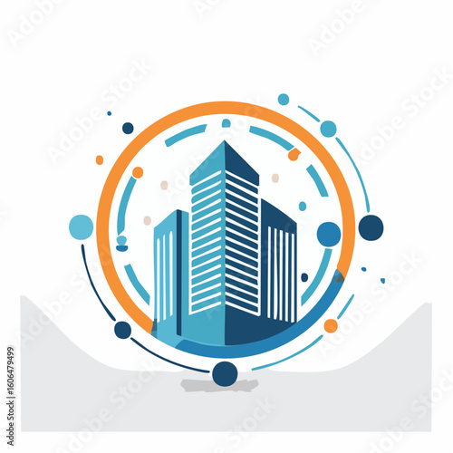 A silhouette of a modern building integrated with circular or geometric shapes around it, offering a contemporary and abstract feel, ideal for a design, architecture, or creative agency logo