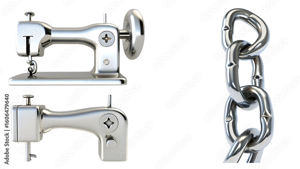 Chrome sewing machine and chain links isolated on a transparent background metal Chrome sewing machine and chain links isolated on a transparent background metal