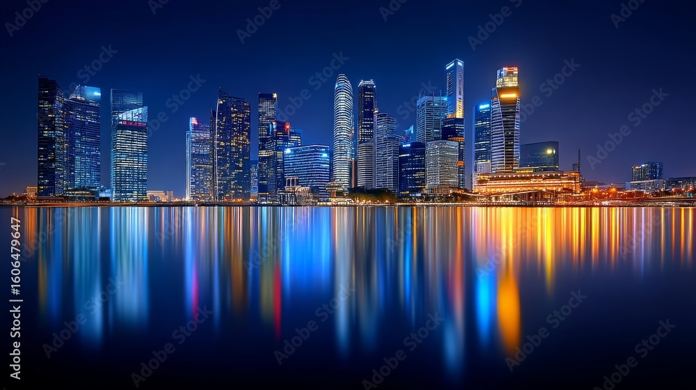 Fototapeta premium City Skyline Illuminated at Night with Colorful Reflections on Water Surface