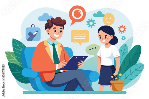 Mental health coach providing guidance in a colorful cartoon setting with a young girl