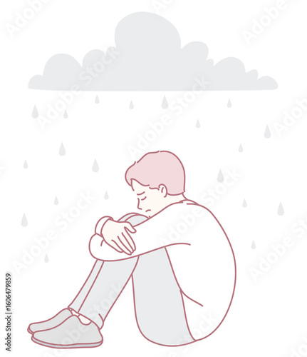 A melancholic illustration depicts a young boy sitting alone in deep sorrow while surrounded by pouring rain