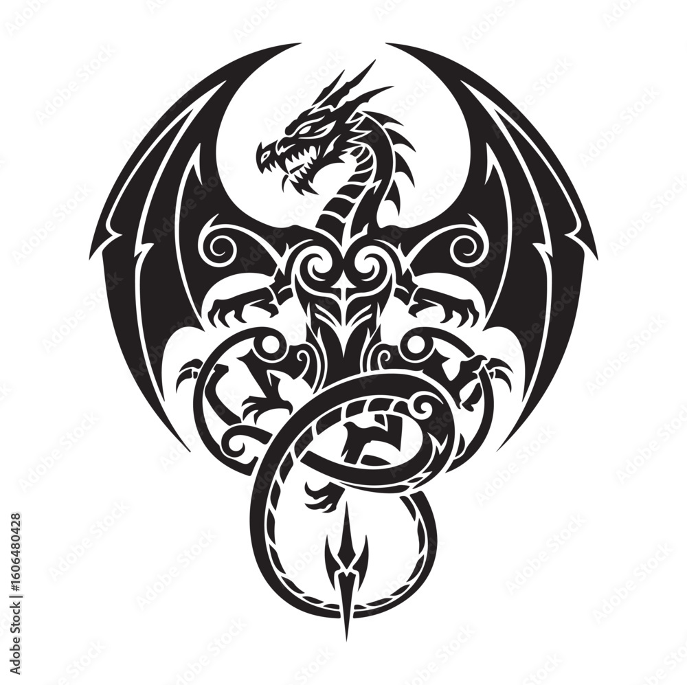 Fototapeta premium Black Tribal Dragon Vector | Tattoo Style Line Art on White, AI generator